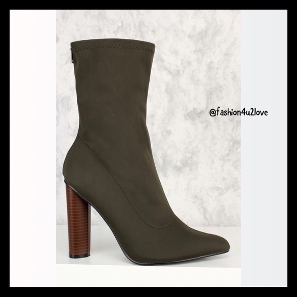 Olive Lycra Wooden Chunky Heel Booties - Picture 6 of 7